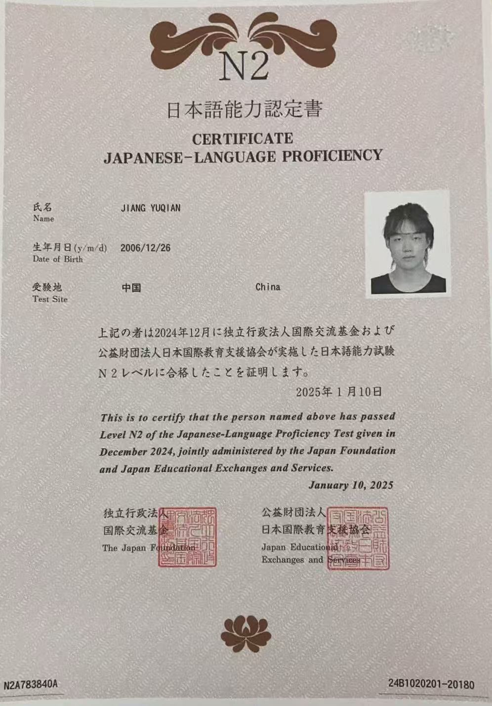 JLPT N2 Certificate